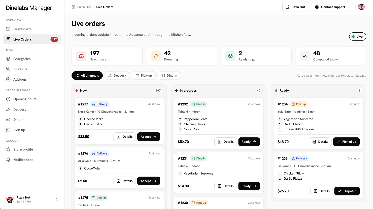 Dinelabs live orders board