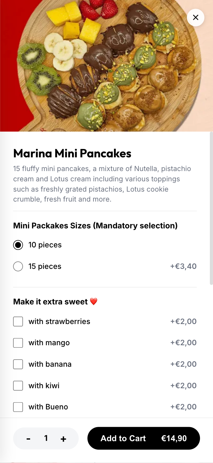 Marina Mini Pancakes item detail with add-ons